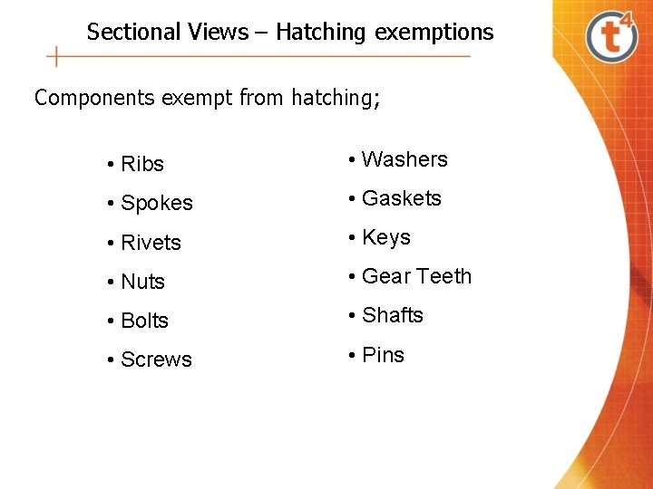 Sectional Views – Hatching exemptions Components exempt from hatching; • Ribs • Washers •