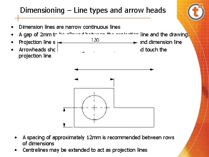 Dimensioning – Line types and arrow heads • • Dimension lines are narrow continuous