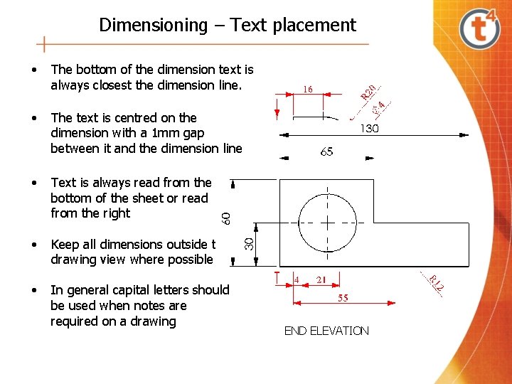 Dimensioning – Text placement • The bottom of the dimension text is always closest