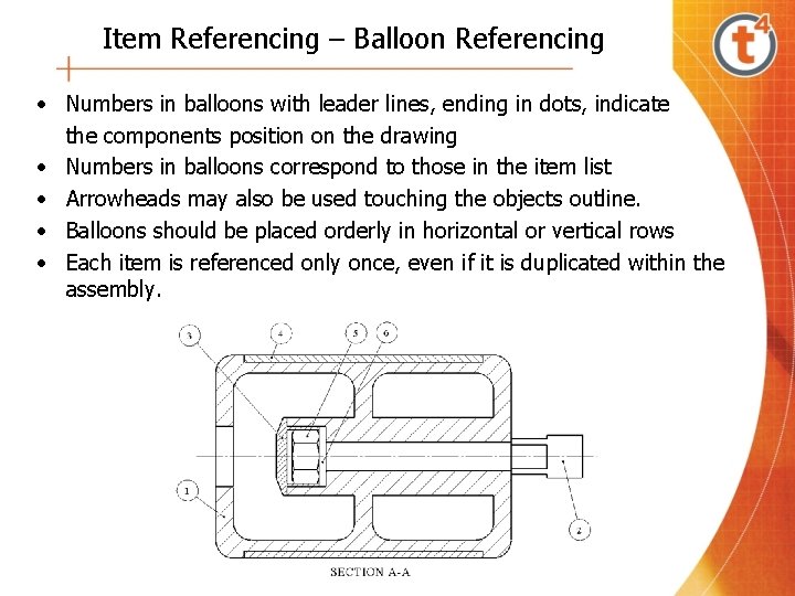 Item Referencing – Balloon Referencing • Numbers in balloons with leader lines, ending in
