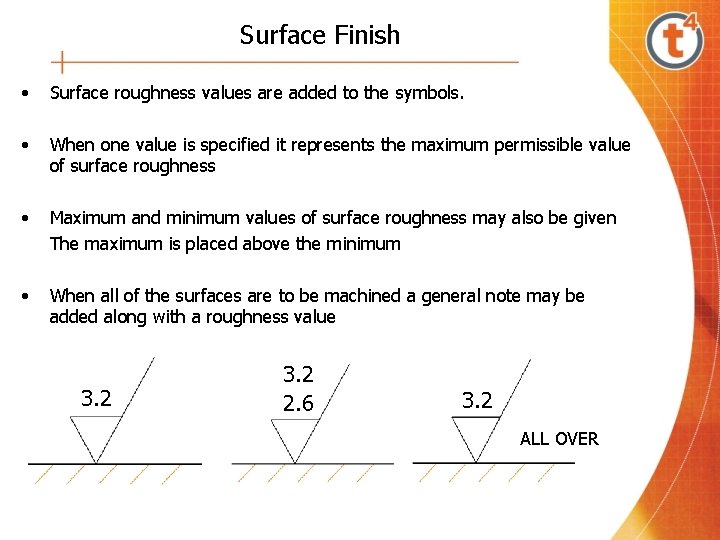 Surface Finish • Surface roughness values are added to the symbols. • When one