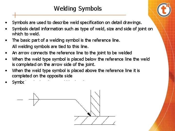 Welding Symbols • • Symbols are used to describe weld specification on detail drawings.