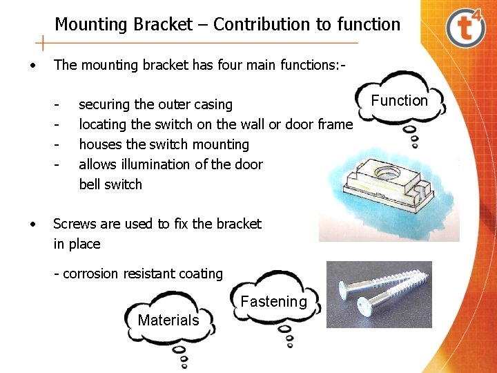 Mounting Bracket – Contribution to function • The mounting bracket has four main functions: