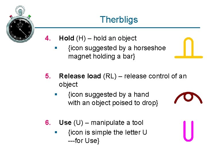 Therbligs 4. Hold (H) – hold an object § {icon suggested by a horseshoe