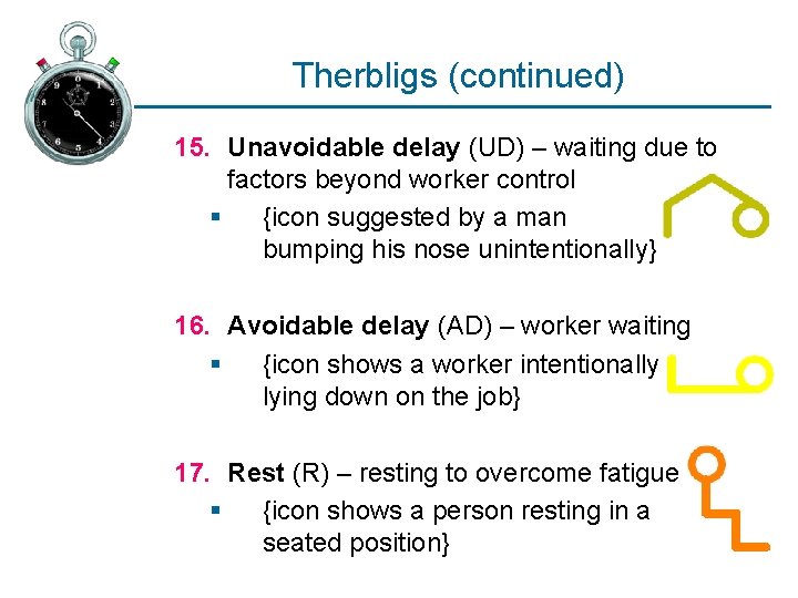 Therbligs (continued) 15. Unavoidable delay (UD) – waiting due to factors beyond worker control