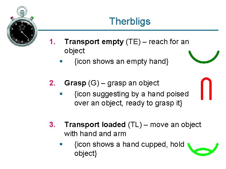Therbligs 1. Transport empty (TE) – reach for an object § {icon shows an