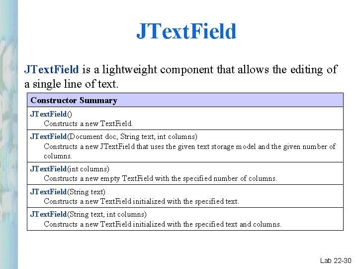 JText. Field is a lightweight component that allows the editing of a single line JText. Field is a lightweight component that allows the editing of a single line