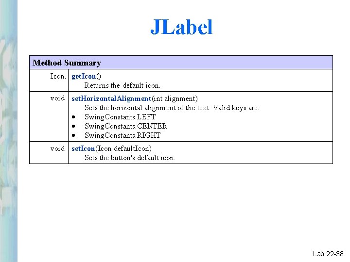JLabel Method Summary Icon. get. Icon() Returns the default icon. void set. Horizontal. Alignment(int JLabel Method Summary Icon. get. Icon() Returns the default icon. void set. Horizontal. Alignment(int