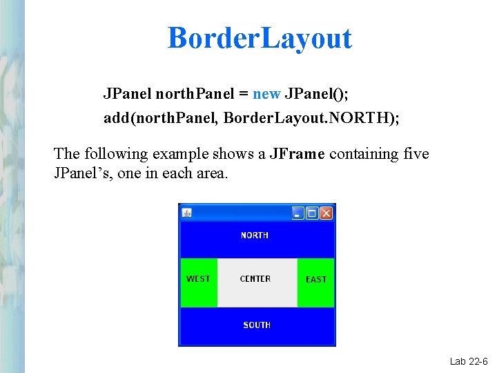 Border. Layout JPanel north. Panel = new JPanel(); add(north. Panel, Border. Layout. NORTH); The Border. Layout JPanel north. Panel = new JPanel(); add(north. Panel, Border. Layout. NORTH); The