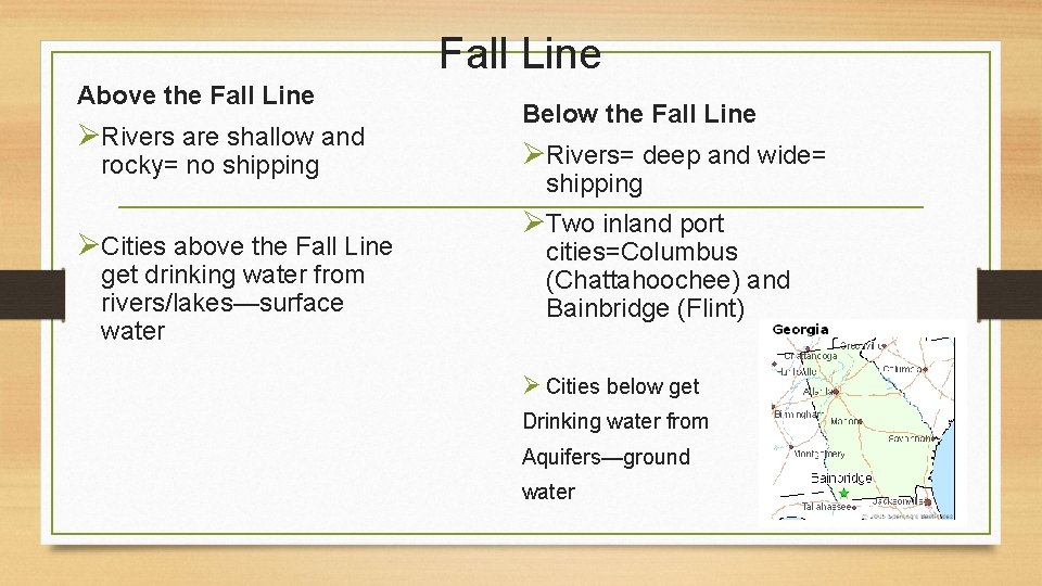 Fall Line Above the Fall Line ØRivers are shallow and rocky= no shipping ØCities