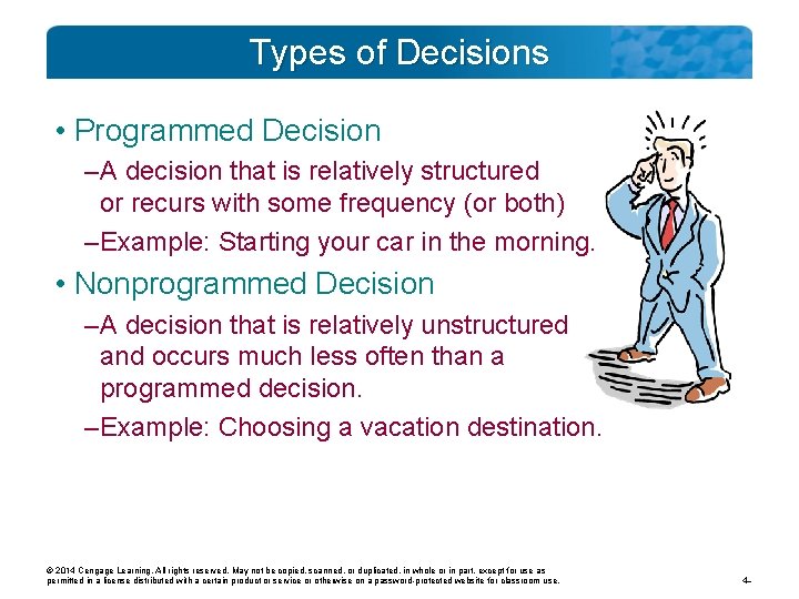 Types of Decisions • Programmed Decision – A decision that is relatively structured or