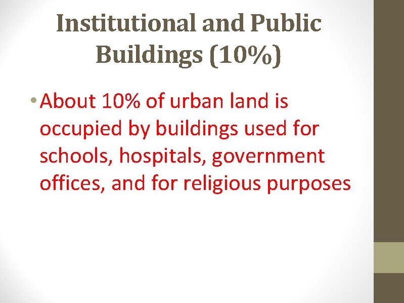 Institutional and Public Buildings (10%) • About 10% of urban land is occupied by