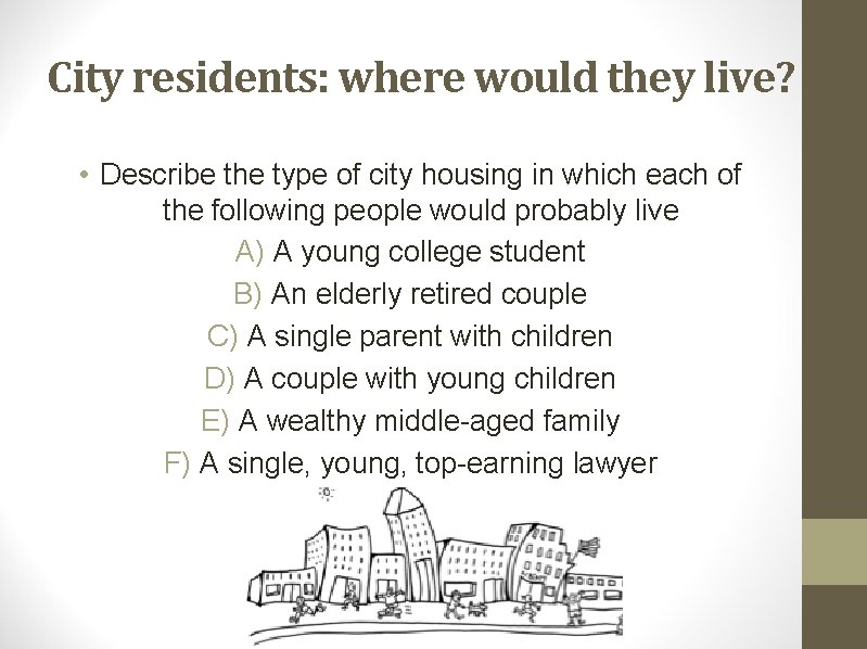 City residents: where would they live? • Describe the type of city housing in
