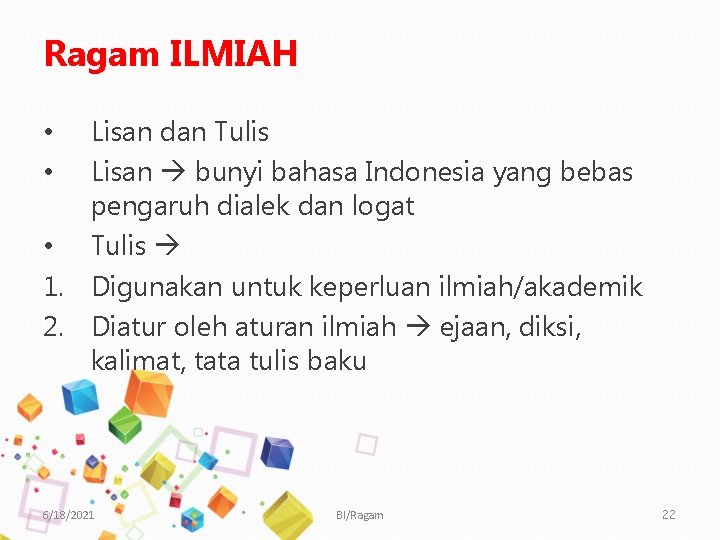Ragam ILMIAH Lisan dan Tulis Lisan bunyi bahasa Indonesia yang bebas pengaruh dialek dan