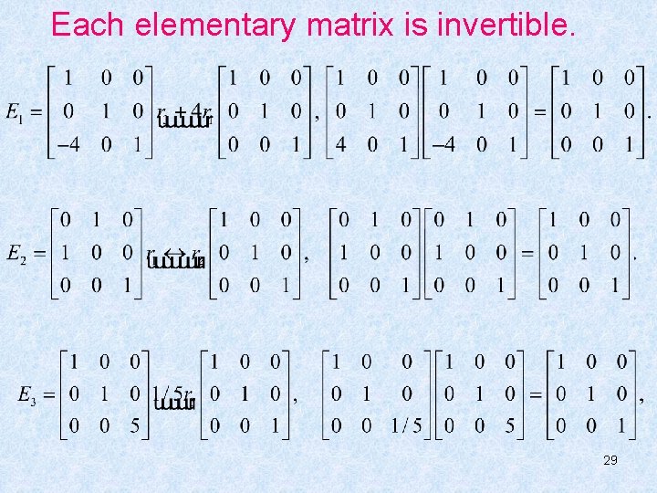 Each elementary matrix is invertible. 29 