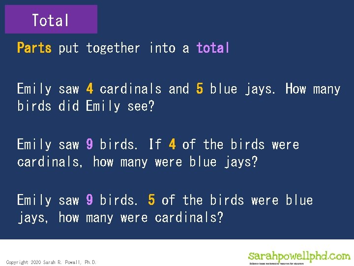 Total Parts put together into a total Emily saw 4 cardinals and 5 blue