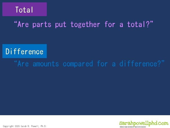 Total “Are parts put together for a total? ” Difference “Are amounts compared for