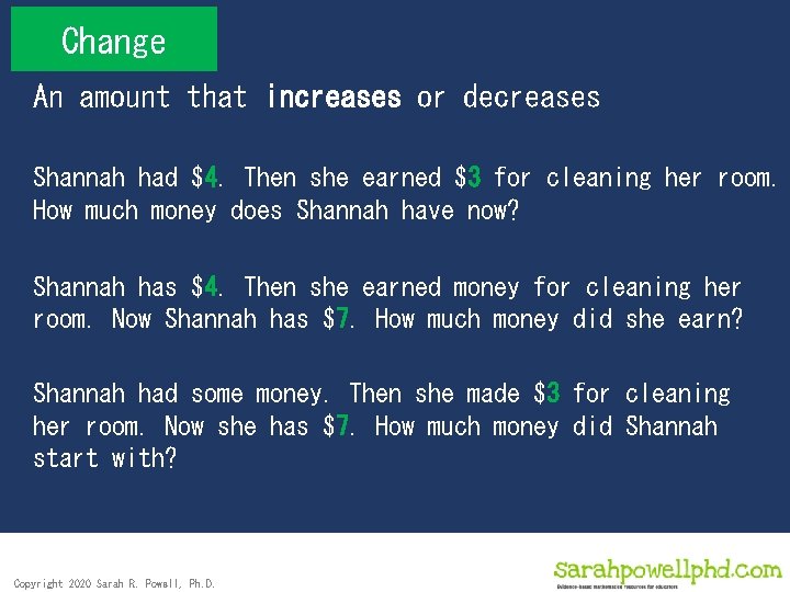 Change An amount that increases or decreases Shannah had $4. Then she earned $3