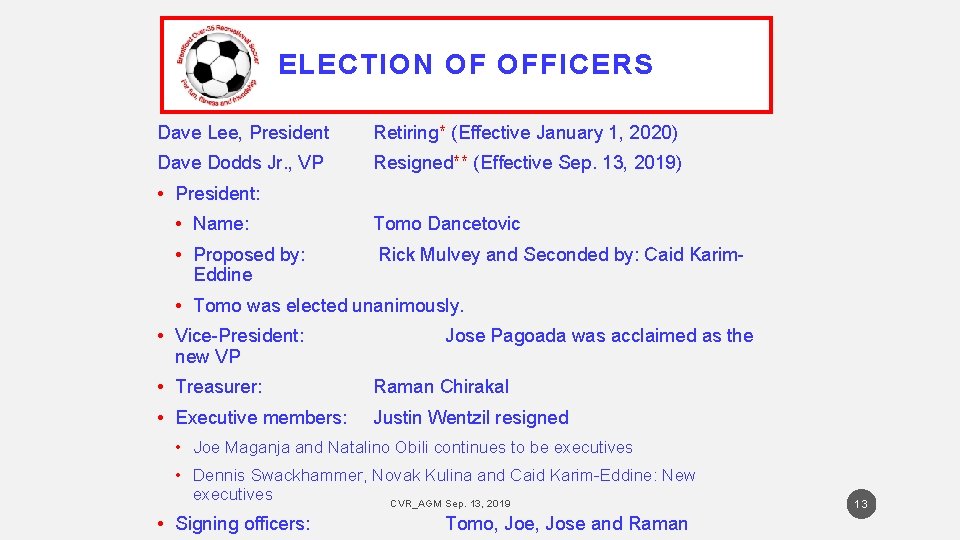 ELECTION OF OFFICERS Dave Lee, President Retiring* (Effective January 1, 2020) Dave Dodds Jr.