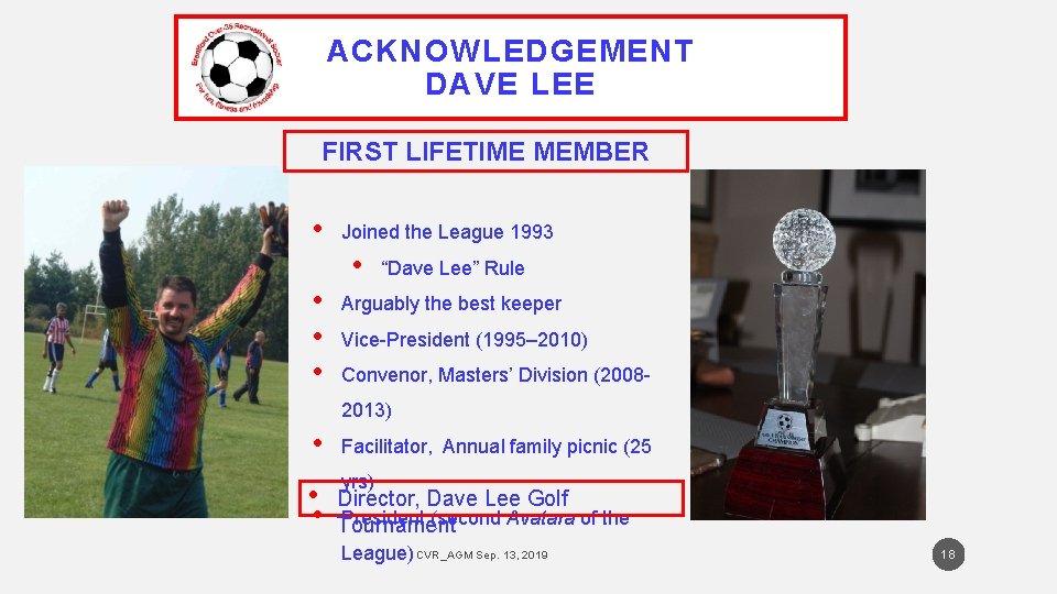 ACKNOWLEDGEMENT DAVE LEE FIRST LIFETIME MEMBER • Joined the League 1993 • • “Dave