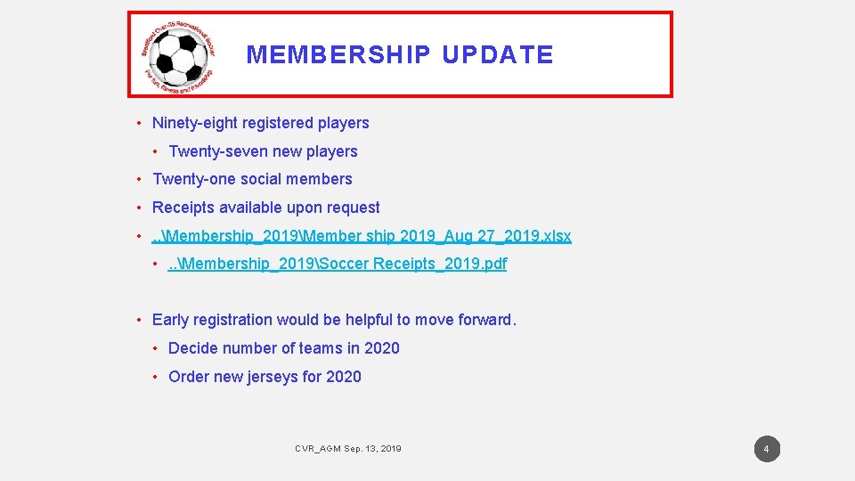 MEMBERSHIP UPDATE • Ninety-eight registered players • Twenty-seven new players • Twenty-one social members