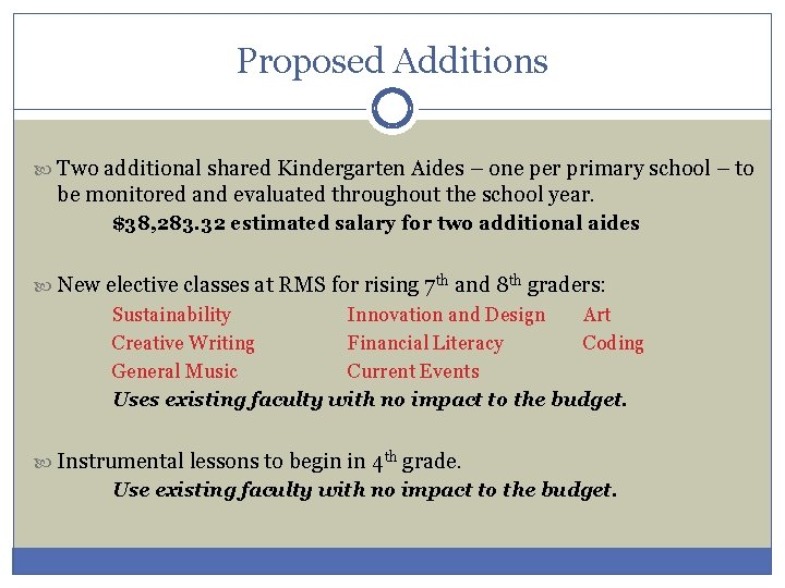 Proposed Additions Two additional shared Kindergarten Aides – one per primary school – to