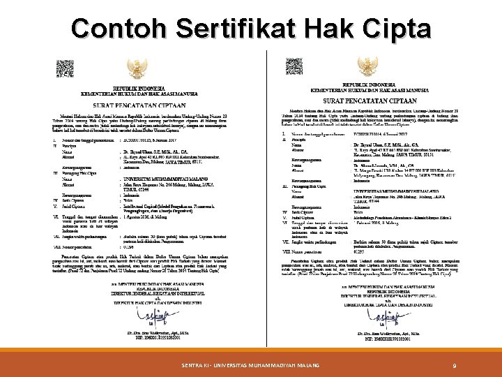 Contoh Sertifikat Hak Cipta SENTRA KI - UNIVERSITAS MUHAMMADIYAH MALANG 9 