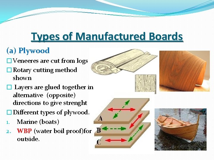 Types of Manufactured Boards (a) Plywood �Veneeres are cut from logs �Rotary cutting method