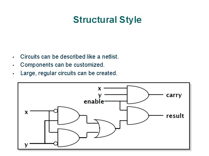 Structural Style • • • Circuits can be described like a netlist. Components can