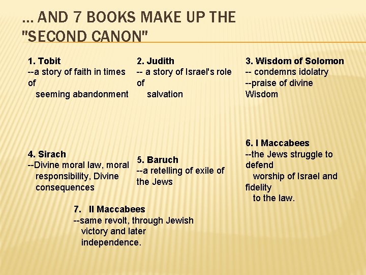 . . . AND 7 BOOKS MAKE UP THE "SECOND CANON" 1. Tobit 2.