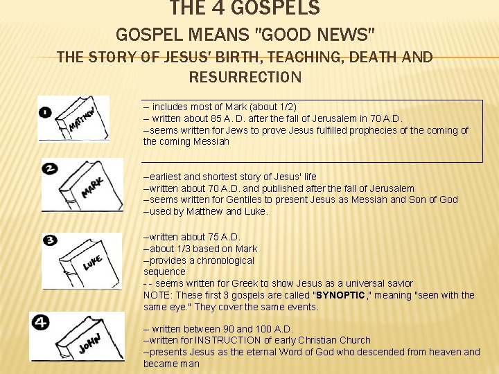 THE 4 GOSPELS GOSPEL MEANS "GOOD NEWS" THE STORY OF JESUS' BIRTH, TEACHING, DEATH