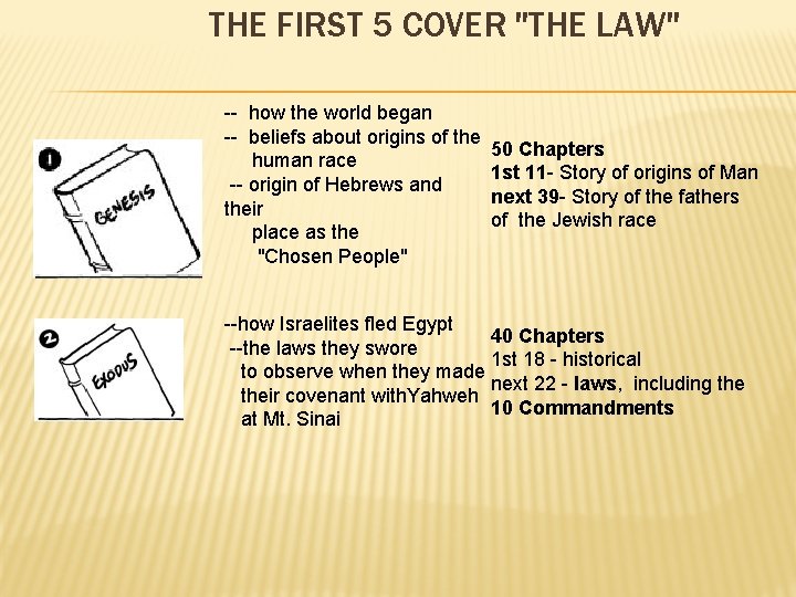 THE FIRST 5 COVER "THE LAW" -- how the world began -- beliefs about