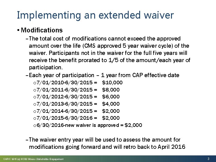 Implementing an extended waiver • Modifications – The total cost of modifications cannot exceed