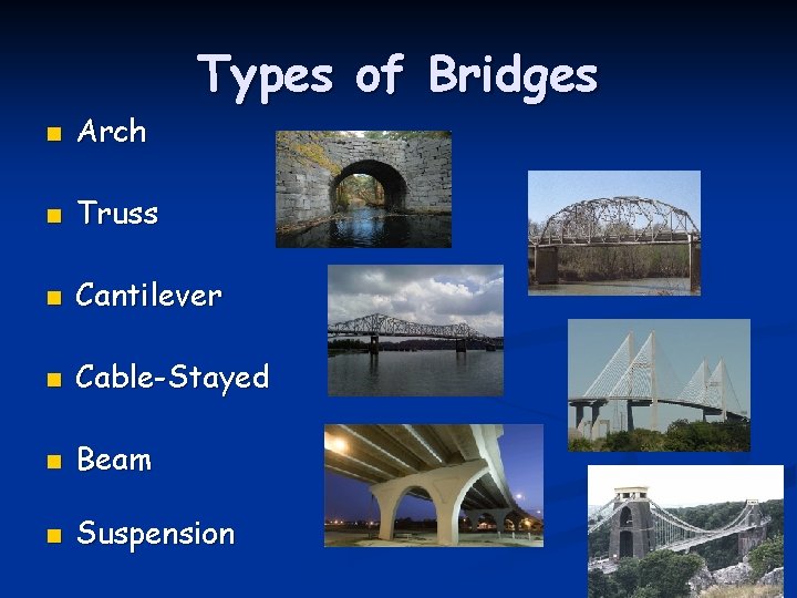 Types of Bridges n Arch n Truss n Cantilever n Cable-Stayed n Beam n