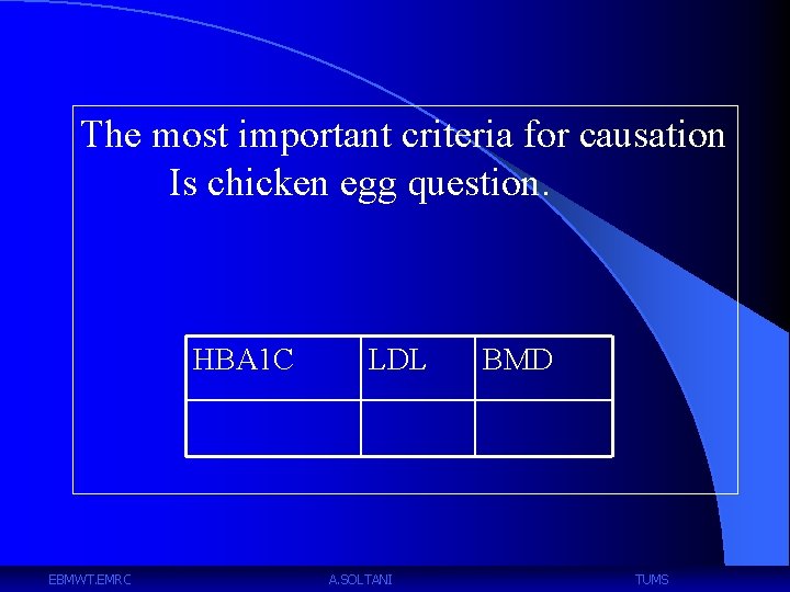 The most important criteria for causation Is chicken egg question. HBA 1 C EBMWT.