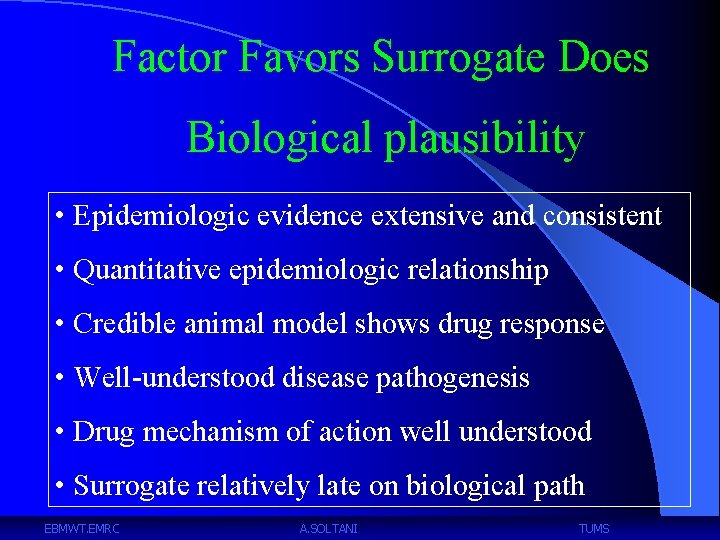 Factor Favors Surrogate Does Biological plausibility • Epidemiologic evidence extensive and consistent • Quantitative