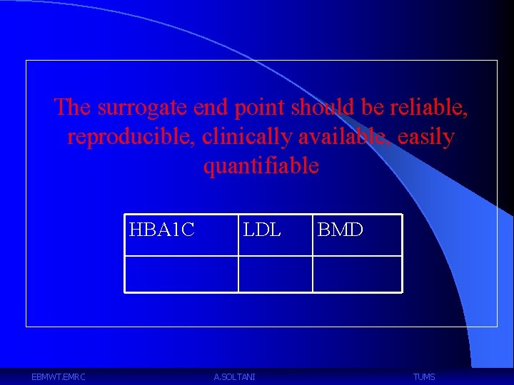 The surrogate end point should be reliable, reproducible, clinically available, easily quantifiable HBA 1