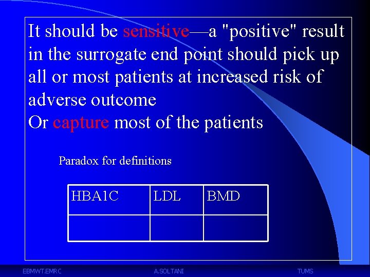 It should be sensitive—a "positive" result in the surrogate end point should pick up