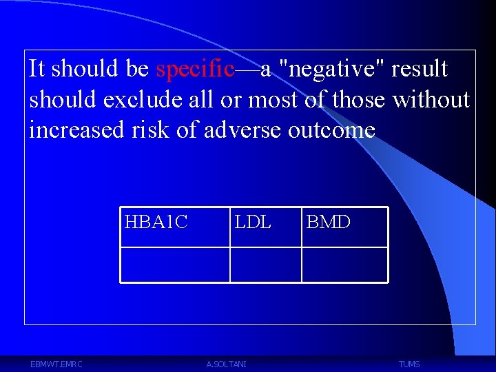 It should be specific—a "negative" result should exclude all or most of those without