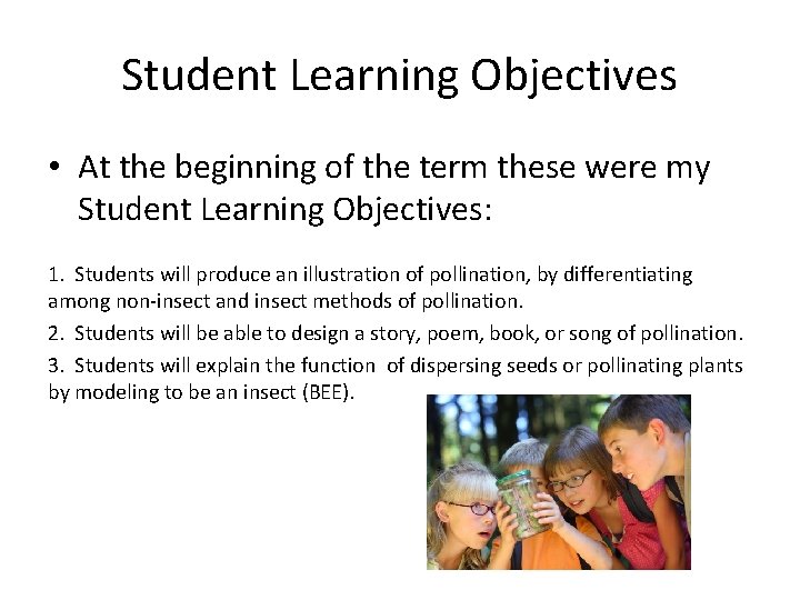 Student Learning Objectives • At the beginning of the term these were my Student