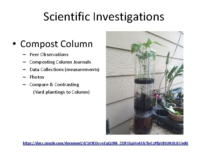 Scientific Investigations • Compost Column – – – Peer Observations Composting Column Journals Data