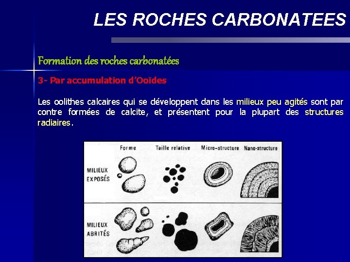 LES ROCHES CARBONATEES Formation des roches carbonatées 3 - Par accumulation d’Ooïdes Les oolithes
