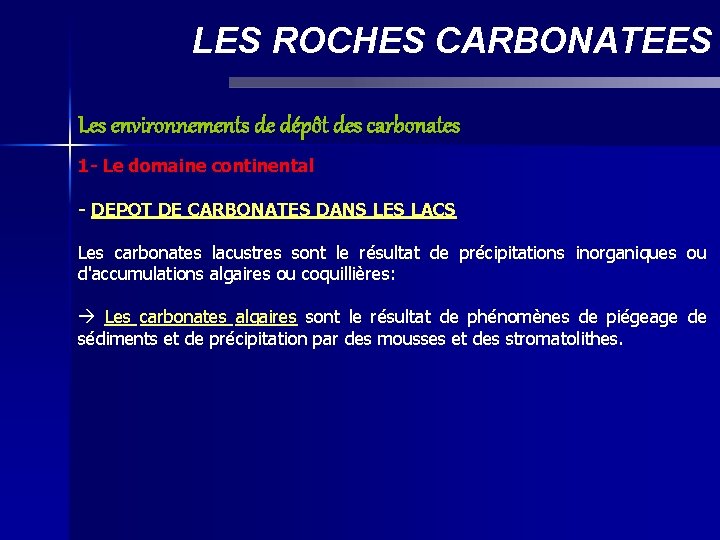 LES ROCHES CARBONATEES Les environnements de dépôt des carbonates 1 - Le domaine continental