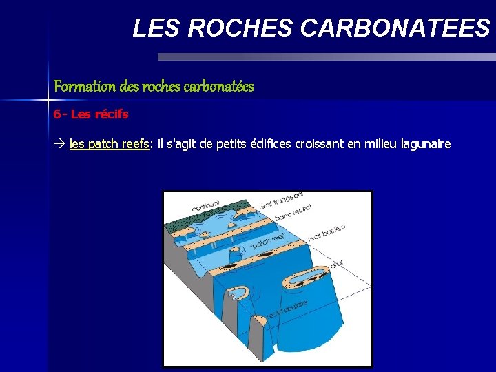 LES ROCHES CARBONATEES Formation des roches carbonatées 6 - Les récifs les patch reefs: