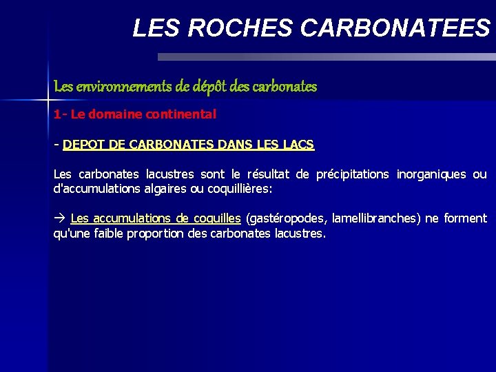 LES ROCHES CARBONATEES Les environnements de dépôt des carbonates 1 - Le domaine continental