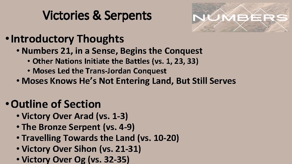 Victories & Serpents • Introductory Thoughts • Numbers 21, in a Sense, Begins the