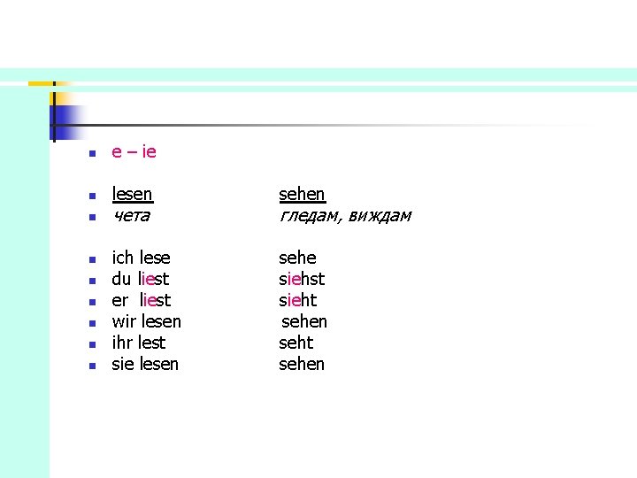 n e – ie n lesen sehen ich lese du liest er liest wir