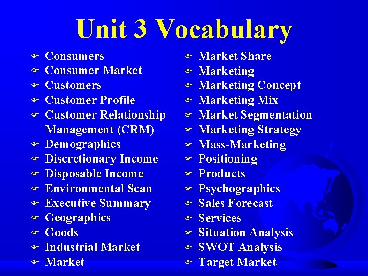 Unit 3 Vocabulary F F F F Consumers Consumer Market Customers Customer Profile Customer