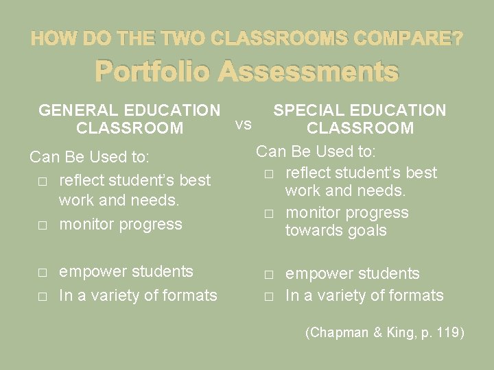 HOW DO THE TWO CLASSROOMS COMPARE? Portfolio Assessments GENERAL EDUCATION vs CLASSROOM Can Be