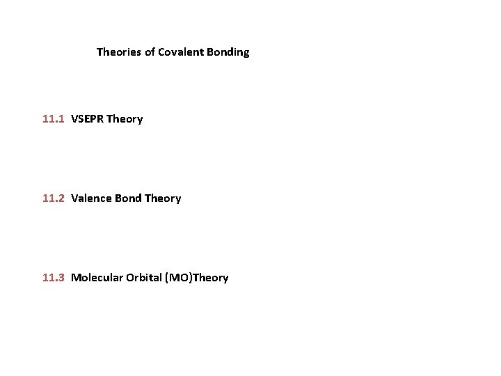 Theories of Covalent Bonding 11. 1 VSEPR Theory 11. 2 Valence Bond Theory 11.